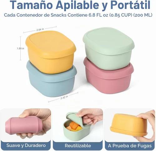 Vista 2 de 4 recipientes de silicona de 7 onzas para niños, pequeños recipientes de alimentos con tapas, contenedor de frutas para el almuerzo, contenedor