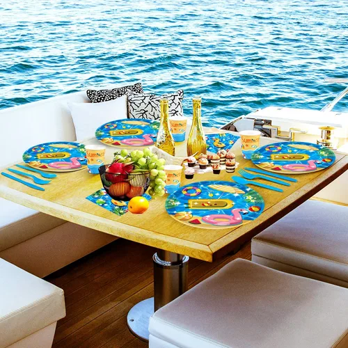 Vista 5 de 40 piezas de suministros para fiesta de playa, pelota de playa, piscina, platos de fiesta de verano de 7 pulgadas, platos de papel para piscina