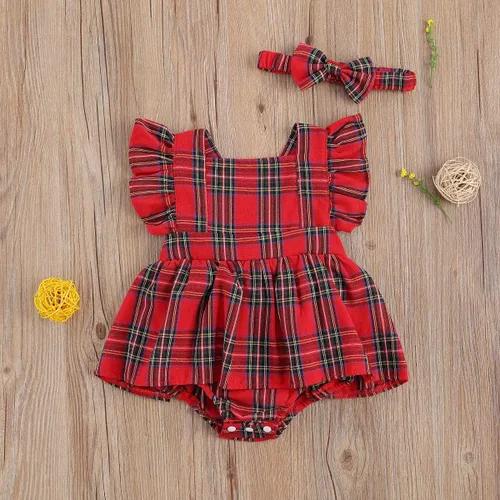 Vista 4 de GuliriFei Mameluco de Navidad para bebés y niñas, vestido de body rojo a cuadros para niños pequeños, manga con volantes, traje de fiesta