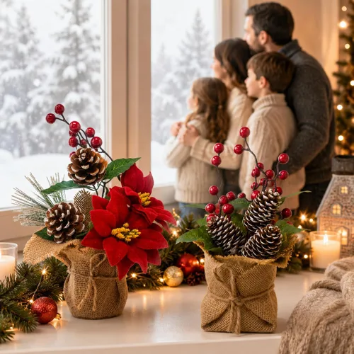 Vista 2 de BANBERRY DESIGNS Juego de 2 centros de mesa navideños para mesas, arreglos de mesa navideños con piñas, bayas rojas y vegetación, plantas rústicas