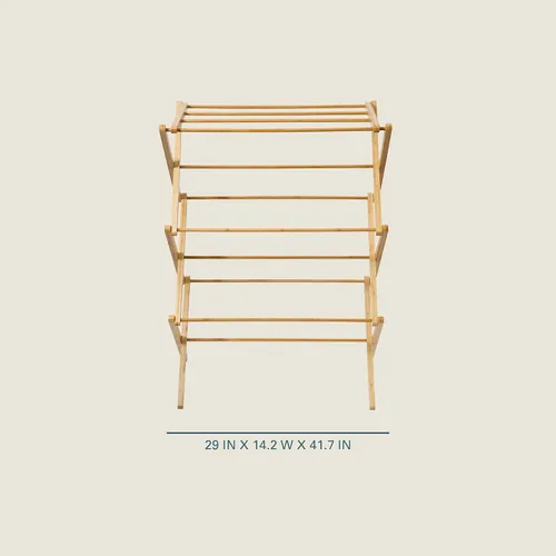 Vista 2 de Gibson Home Riverrun - Estante de secado plegable de bambú para ropa, toallas, mantas – Estante de secado de ropa plegable de 2 niveles, soporte