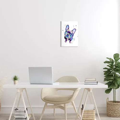 Vista 3 de Stupell Industries Arte de pared de madera de perro Bulldog francés con tonos morados, diseño de Jen Seeley
