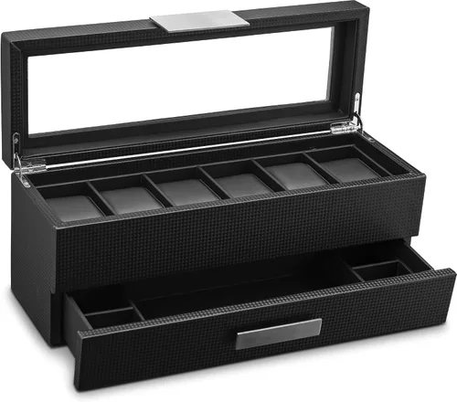 Vista 5 de Caja de reloj con cajón de Valet para hombre - organizador de exhibición de la caja de reloj de lujo de 6 ranuras, diseño de fibra de carbón