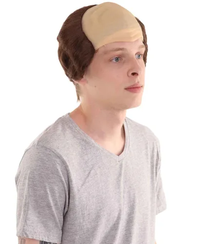 Vista 6 de Peluca de padre fraile calvo marrón para hombre adulto, cabello liso marrón con gorra calva de piel, perfecta para tu fiesta de Halloween y cosplay