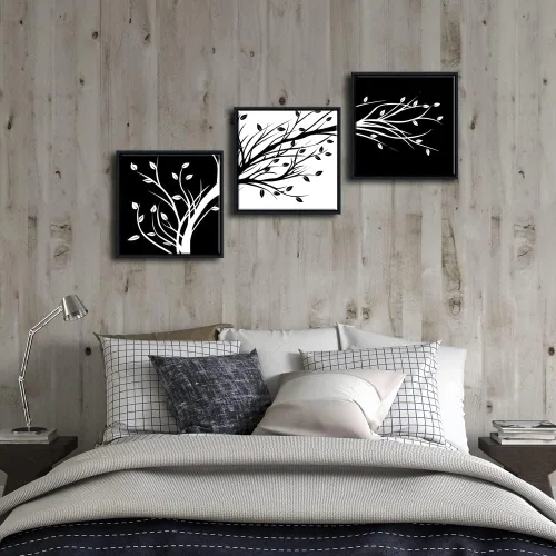 Vista 5 de Wieco Art - Hojas enmarcadas modernas de 3 paneles, arte de flores en lienzo, impresiones en negro y blanco, árboles florales abstractos, pinturas