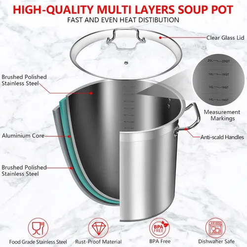 Vista 5 de Olla grande de 20 cuartos de galón con tapa de vidrio templado, olla de cocina de acero inoxidable para sopa, guiso y pasta, olla resistente