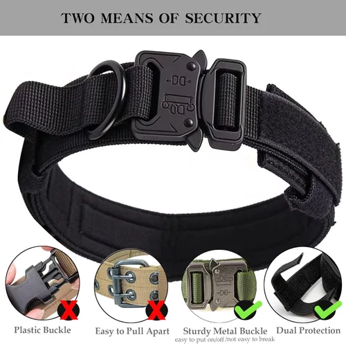 Vista 3 de Collar táctico para perro, ajustable, militar, de nailon, con asa de control y hebilla de metal resistente para perros medianos y grandes (negro, S)