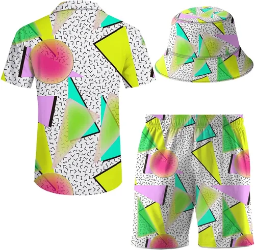 Vista 3 de ifamawlea Conjunto deportivo de 2 piezas para hombre, camisa hawaiana, pantalones cortos, camisa con botones y pantalones cortos con sombreros