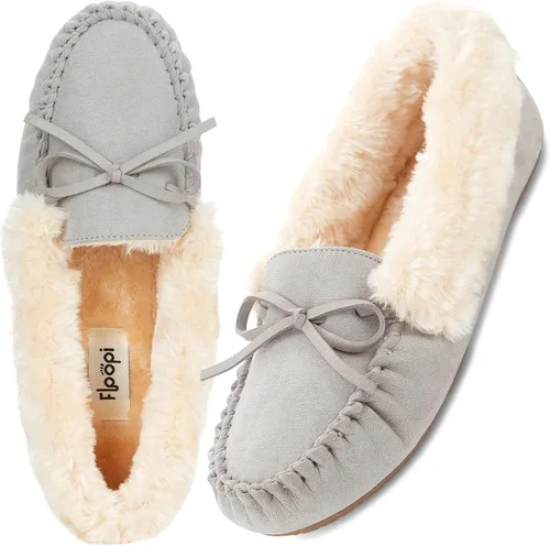 Vista 60 de Floopi Pantuflas para mujer, forro de piel sintética suave con espuma viscoelástica acogedora, pantuflas de casa para mujer con suela antideslizante
