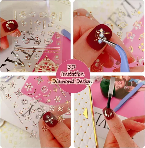 Vista 7 de 20 hojas de calcomanías de uñas 3D, diseño de oro/diamante, lujosas calcomanías de uñas autoadhesivas con relieve, calcomanías de uñas de flores
