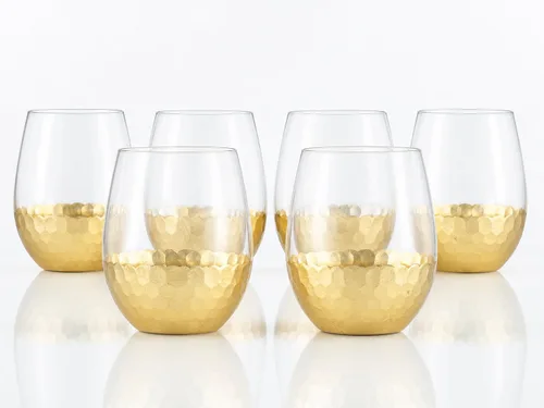 Vista 14 de Copas de vino sin tallo, juego de 2, 18 onzas, diseño de panal dorado