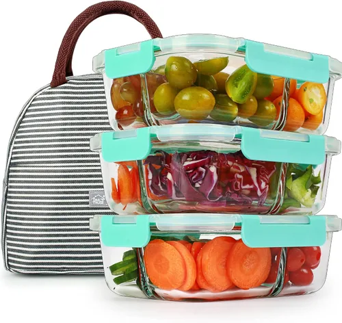 Vista 8 de DAS TRUST Paquete de 3 recipientes de vidrio para almacenamiento de alimentos, 2 compartimentos, recipientes de vidrio para preparación de comidas
