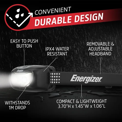 Vista 5 de Energizer Universal+ - Linterna frontal LED (paquete de 2), lámpara de cabeza brillante para exteriores, luz de campamento y emergencia, IPX4 Negro