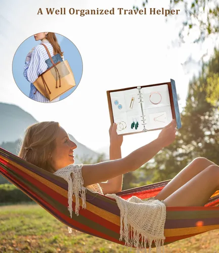 Vista 7 de Libro de almacenamiento de joyas, organizador de joyas de viaje de piel sintética con bolsillos anticaídas, folleto portátil para aretes con bolsas