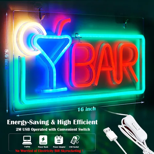 Vista 5 de Letreros de neón de barra de acrílico de alta calidad, luces de neón para decoración de pared, alimentadas por USB, con interruptor para el hogar