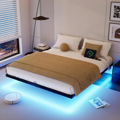 Vista 12 de Base de cama flotante de tamaño individual con luces LED y estación de carga, cama moderna de plataforma de metal, resistente, fácil montaje,