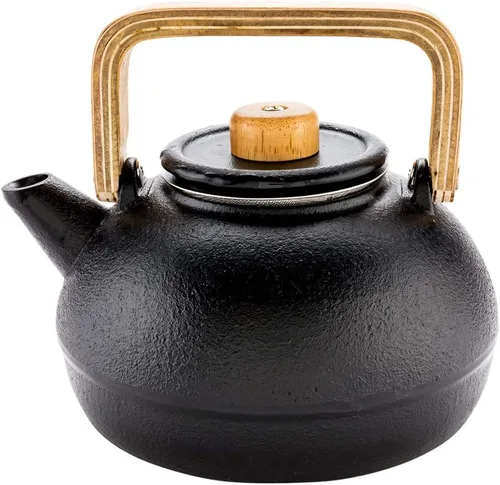 Vista 2 de Restaurantware -Tetera japonesa de 30 onzas, 1 hervidor de té japonés recubierto de esmalte - Con mango y perilla de madera, incluye colador