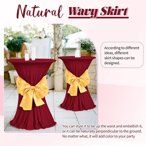Vista 5 de Paquete de 3 fundas de mesa de cóctel, mantel redondo burdeos, color rojo vino, 32 x 43 pulgadas, elastano elástico con cortinas onduladas, mantel