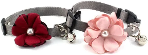Vista 5 de Collar de perro y gato con flor de geranio, collar de nailon para cachorro con campana de perlas, accesorio de disfraz de Yorkie de Chihuahua Rosado