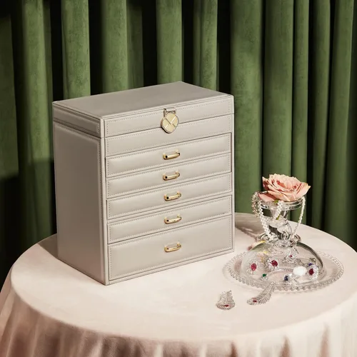 Vista 4 de Vlando Enormes cajas de joyería de 6 niveles, aretes de cuero, anillos, collar, organizador de relojes, caja para mujeres, niñas, hombres, armarios