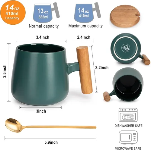Vista 3 de Taza de café de cerámica, taza de té para la oficina y el hogar, taza de café de 14 onzas con tapa y cuchara, día del padre, regalos de cumpleaños