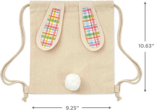 Vista 3 de Hallmark Bolsa de regalo reutilizable de lona de conejo de Pascua con cordón (cuadros de primavera) para caza de huevos de Pascua