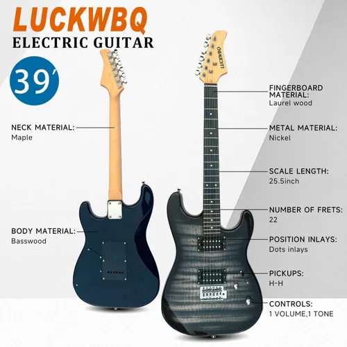 Vista 3 de Kit de inicio de guitarra eléctrica estilo ST de tamaño completo de 39 pulgadas con pastilla HH, amplificador portátil de 20 W, afinador, bolsa