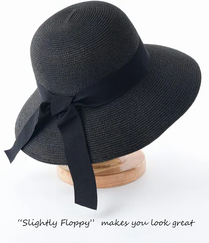 Vista 2 de FURTALK Sombrero de paja para mujer, con protección UV, plegable, plegable, para verano, con protección UV Negro