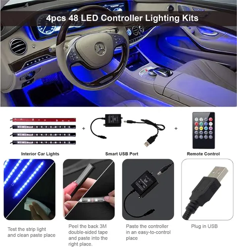 Vista 4 de Luces LED para interiores de automóvil, luces LED controladoras para automóviles, kits de iluminación subterránea de música multicolor con control
