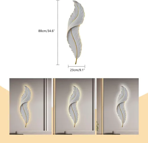 Vista 2 de Lámpara de pared de plumas moderna LED con diseño de plumas blancas elegante 3000 K-6000 K, lámpara de pared LED vintage para dormitorio, sala
