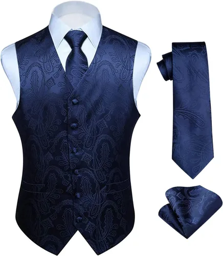 Vista 28 de HISDERN Conjunto de 3 piezas de chaleco formal para hombre, chaleco formal de cachemira floral jacquard corbata bolsillo cuadrado chalecos