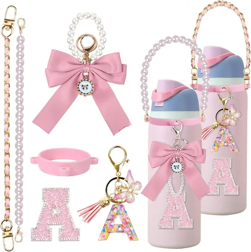 Vista 31 de 6 piezas de accesorios con letras para botella de agua Owala 24 oz 32 oz 40 oz, con lindos dijes iniciales y correa para el asa, compatible