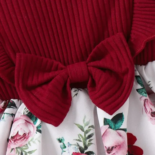 Vista 5 de Trajes de manga larga para niña recién nacida, cuello redondo, estampado de flores, patchwork con banda para el pelo, 2 piezas, ropa de otoño