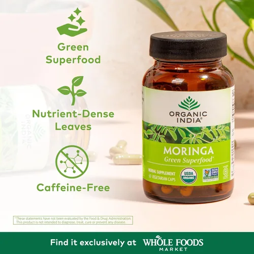 Vista 2 de ORGANIC INDIA Cápsulas de Moringa Orgánicas - Suplemento de Hoja de Moringa, Superalimento Verde, Superverde Puro, Superalimentos Veganos