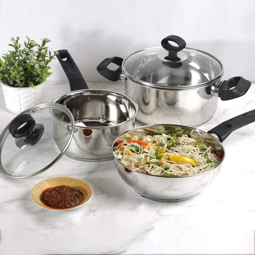 Vista 2 de Vinod Juego de utensilios de cocina Trento de acero inoxidable apto para inducción, 3 piezas, cacerola (6.3 in/1,5 litros), 1 cacerola