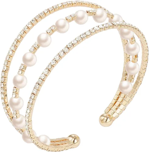 Vista 12 de Suyi Pulsera de Diamantes de Imitación Brazalete Dorado Multicapa para Mujer Pulseras de Cristal Nupciales