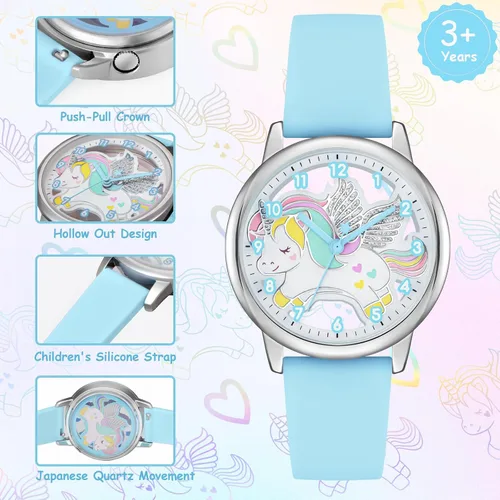 Vista 3 de Reloj de dibujos animados para niños, lindo unicornio impermeable, reloj de aprendizaje fácil de leer, para niños de 3 a 12 años, regalo para niños