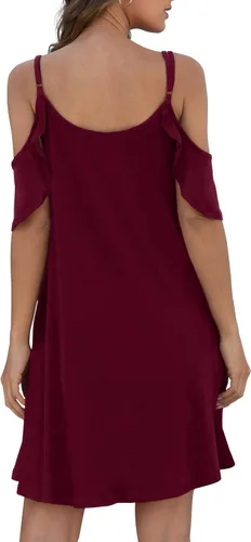 Vista 4 de Jouica Vestido de verano casual con tirantes delgados para mujer, hombros descubiertos, mangas con volantes y bolsillo