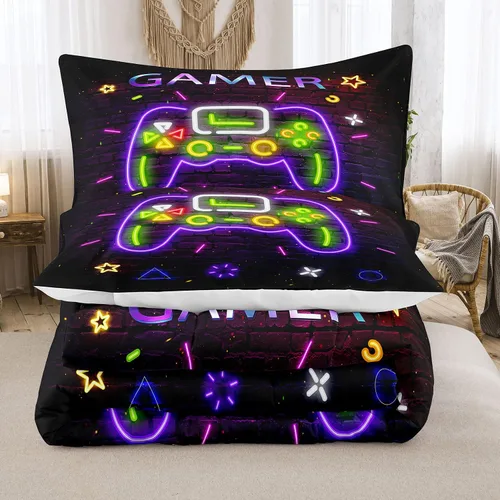 Vista 3 de NINENINE Juego de edredón de juegos para niños y niños, tamaño matrimonial, edredón con controlador de juegos, juego de edredón de teñido anudado