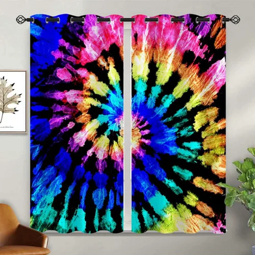 Vista 11 de America - Cortinas opacas de teñido anudado para niñas y niños, decoración del hogar, hippie, rojo, azul, abstracto, con ojales en espiral, cortinas