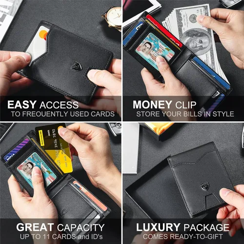 Vista 3 de GSOIAX Billetera delgada para hombre minimalista de cuero genuino fibra de carbono con bloqueo RFID de cuero vacuno plegable con caja de regalo