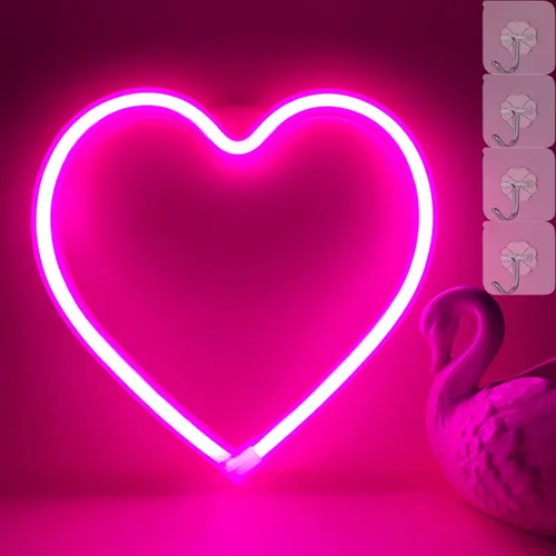 Vista 9 de Luces de corazón de neón – Lámpara de corazón LED rosa, decoración para el hogar, regalos colgantes, funciona con USB / pilas para dormitorio, sala