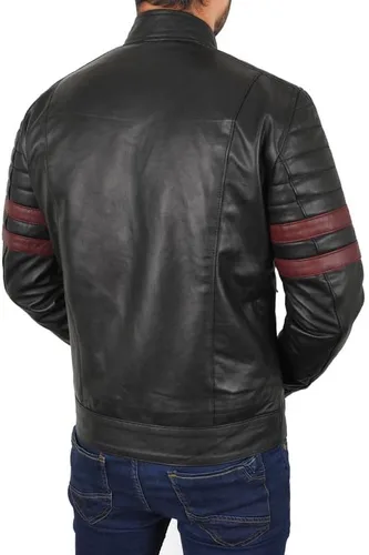 Vista 6 de Chaqueta de cuero de motociclista negra con rayas rojas para hombre