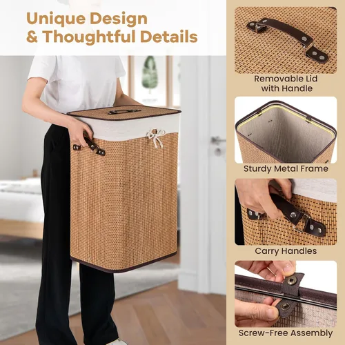 Vista 3 de Cesta de lavandería de bambú Giantex con tapa, cesta grande y alta de 72L para ropa con forro y asas extraíbles, cesta de lavandería rectangular