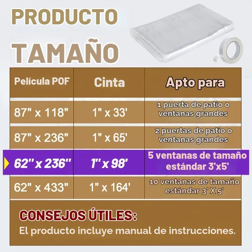 Vista 2 de Kit de aislamiento de ventana de 62×236 pulgadas para invierno - Endurecer plástico para 5 ventanas interiores para invierno, película retráctil