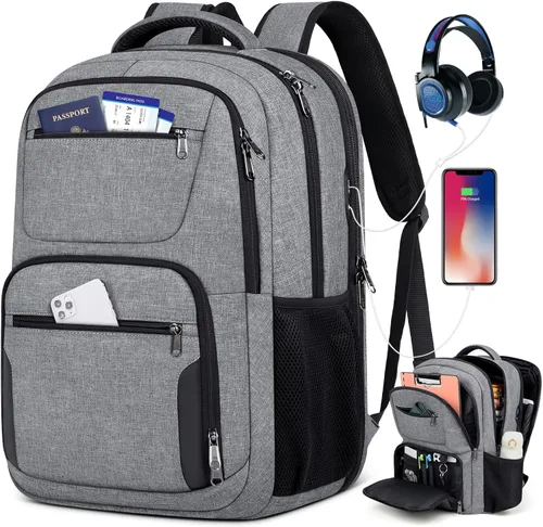 Vista 8 de Mochila de viaje para laptop de 17 pulgadas, extra grande, con orificio de carga USB, 45L, antirrobo, resistente al agua, bolsa para computadora