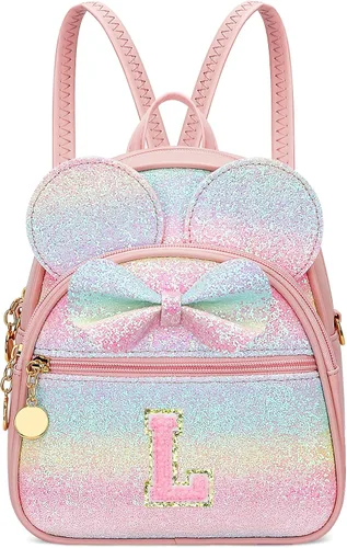 Vista 12 de KKXIU Mochilas Mini con Moño Inicial para Niñas y Mujeres, Linda Mochila Pequeña con Asa de Bolso, Regalos Personalizados para Niños, Arcoíris