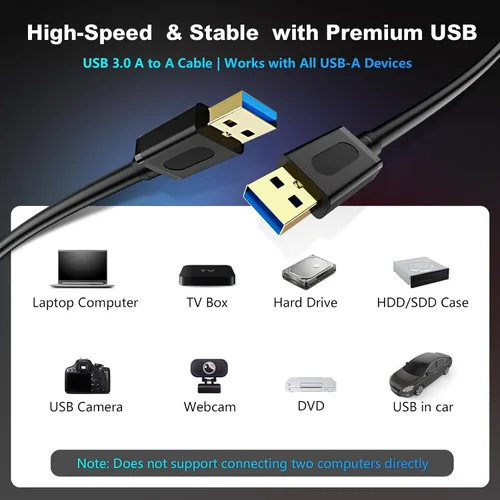 Vista 3 de Cable USB 3.0 Macho a Macho 1 pie, Cable USB a USB con Conector Chapado en Oro para Carcasas de Disco Duro, Reproductor de DVD, Enfriador de Laptop