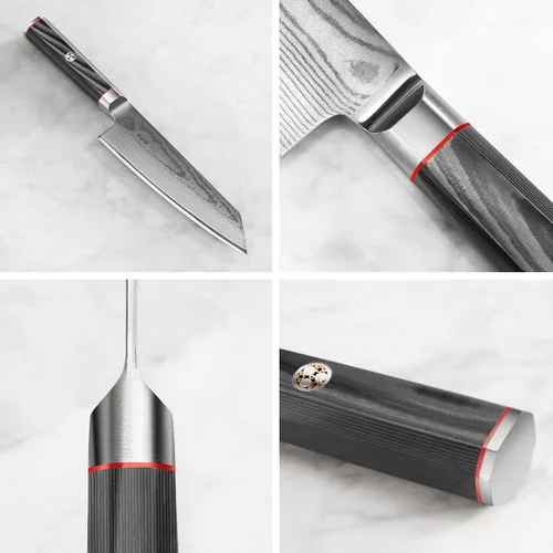 Vista 3 de Cangshan YARI Series X-7 Cuchillo Kiritsuke de acero Damasco de 7 pulgadas con funda