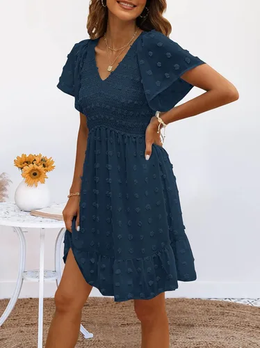 Vista 3 de TECREW Vestido corto de verano con cuello en V y manga corta fruncida para mujer